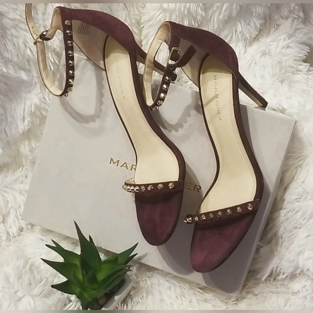 Gold Studded Maroon Suede Heels